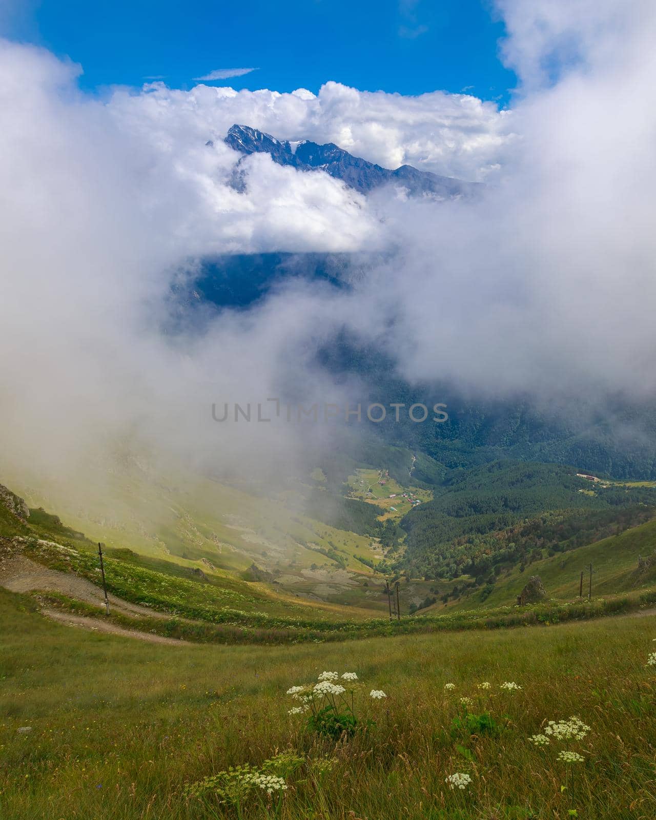 High mountains of the Caucasus with beautiful views. Green vegetation and dense forest above a blue sky. A great fascinating landscape.