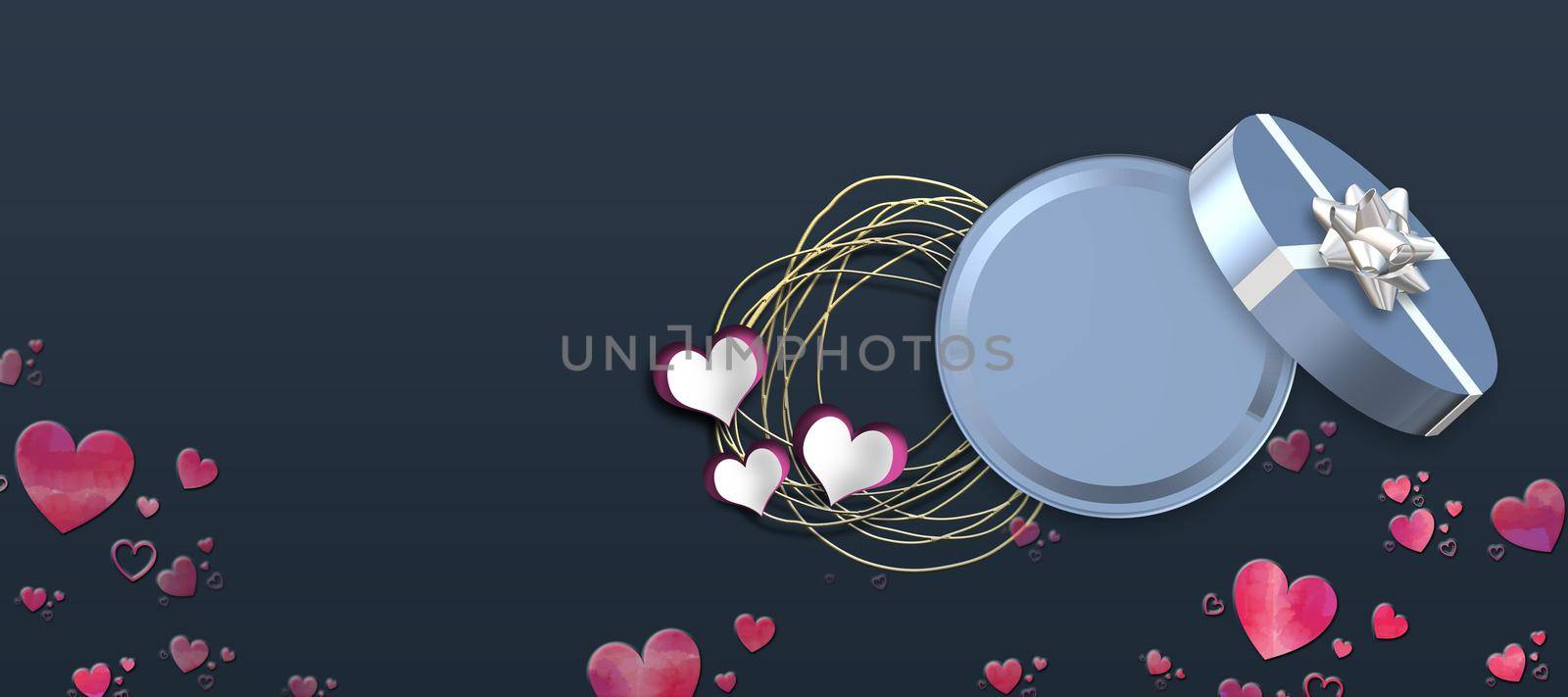 Valentine's Day love design. Horizontal header. Blue gift box, hearts confetti on blue background. Love concept, Valentines design. Place for text, mock up 3D illustration