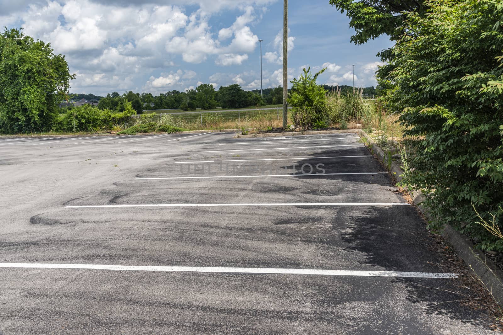 Horizontal shot of the empty customer parking lot of a failed restaurant after the Pandemic.