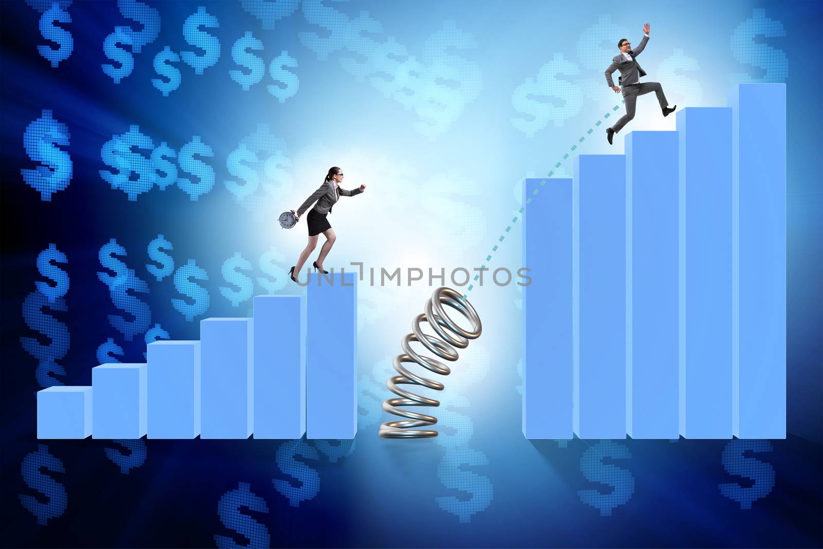 Business people jumping over bar charts by Elnur