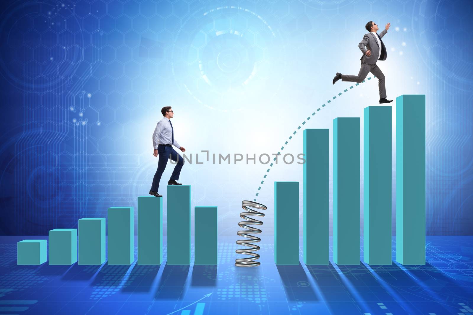 Business people jumping over bar charts