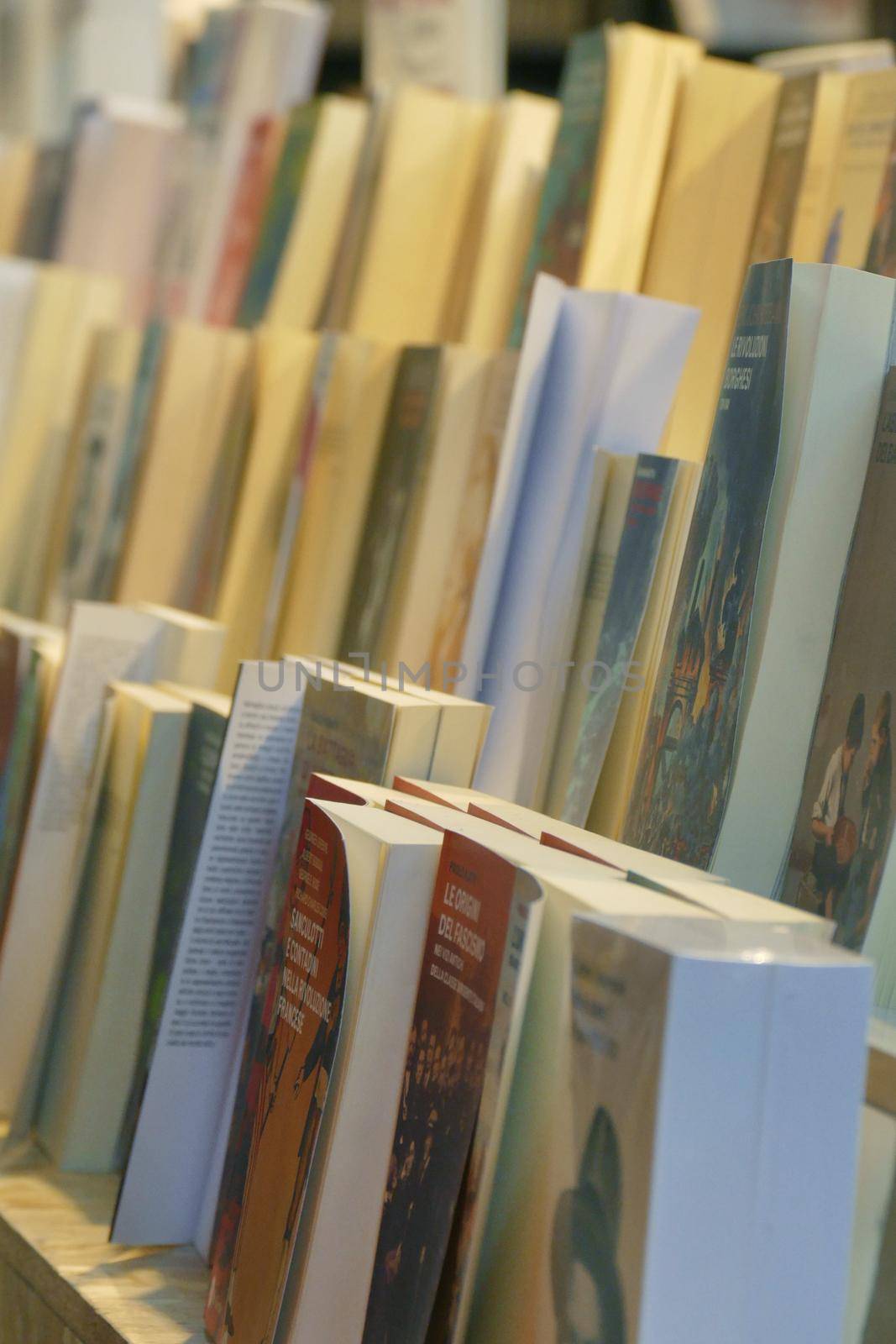 Perspective view of book rows in book fair selective focus Turin Italy May 10 2019 by lemar