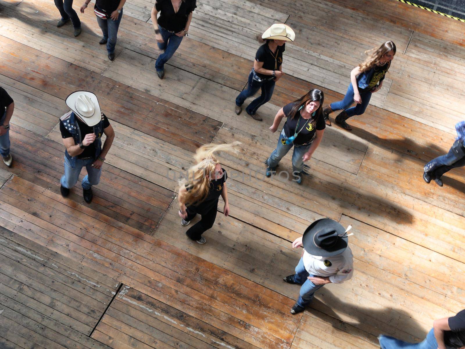 Group of traditional western folk music dancers view from above
