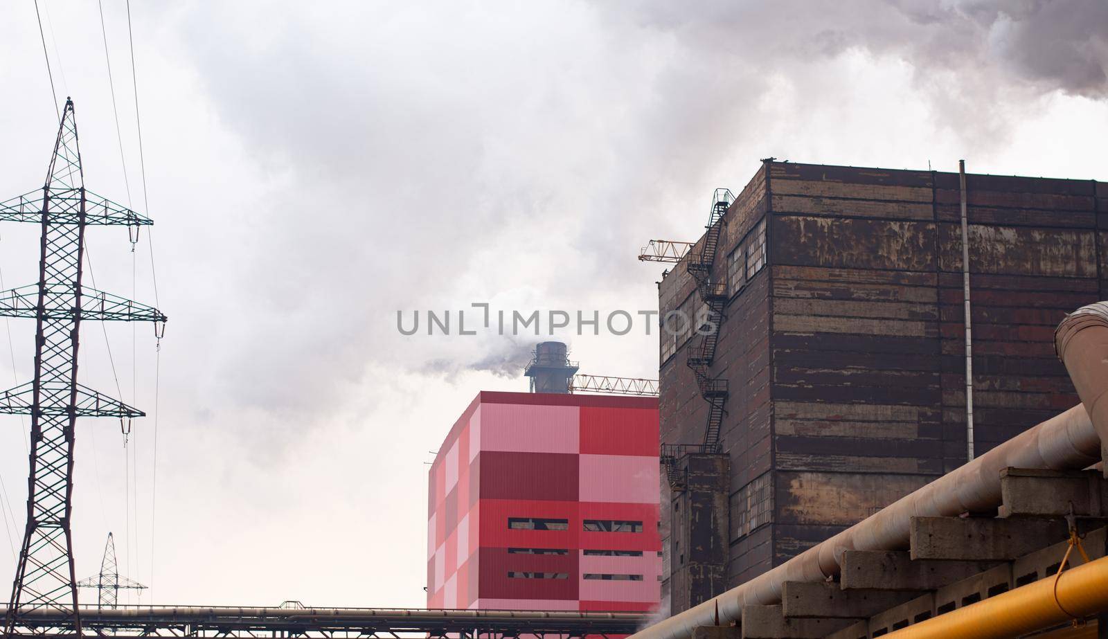 a factory, power lines, smoking pipes. air pollution. by ja-aljona