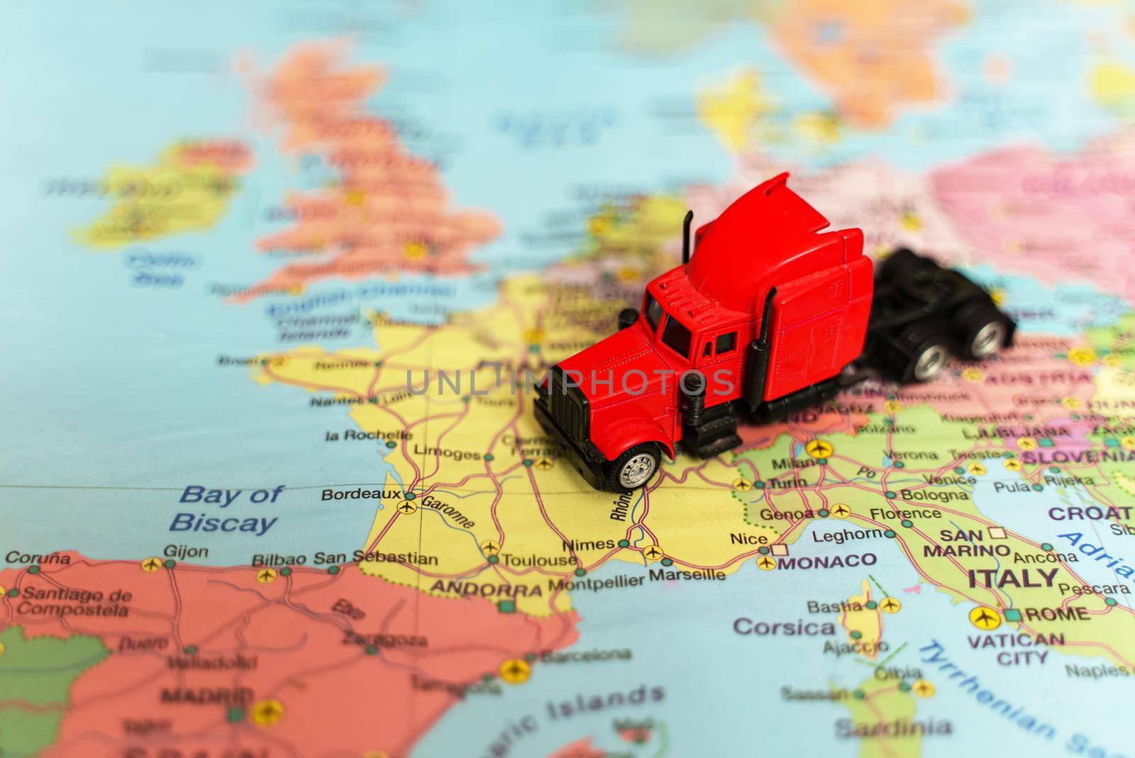 Red truck on the Europe map.