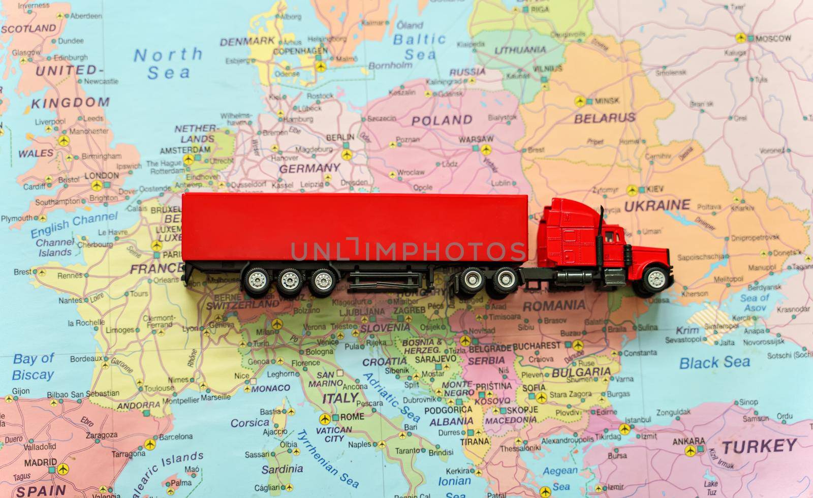 Truck with trailer on the Europe map.