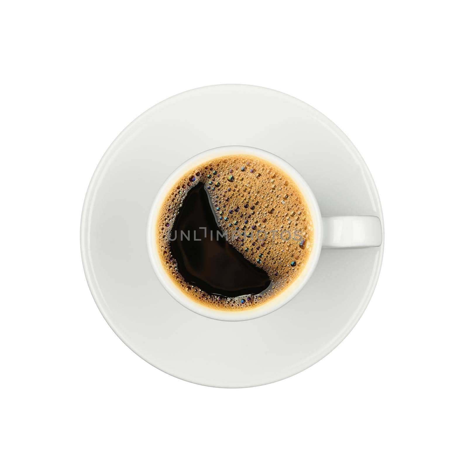 Close up one white cup full of black instant coffee on saucer isolated on white background, elevated top view, directly above