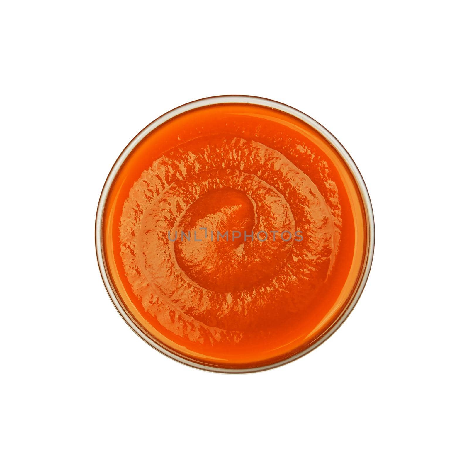 Glass bowl of orange chili sauce isolated on white by BreakingTheWalls