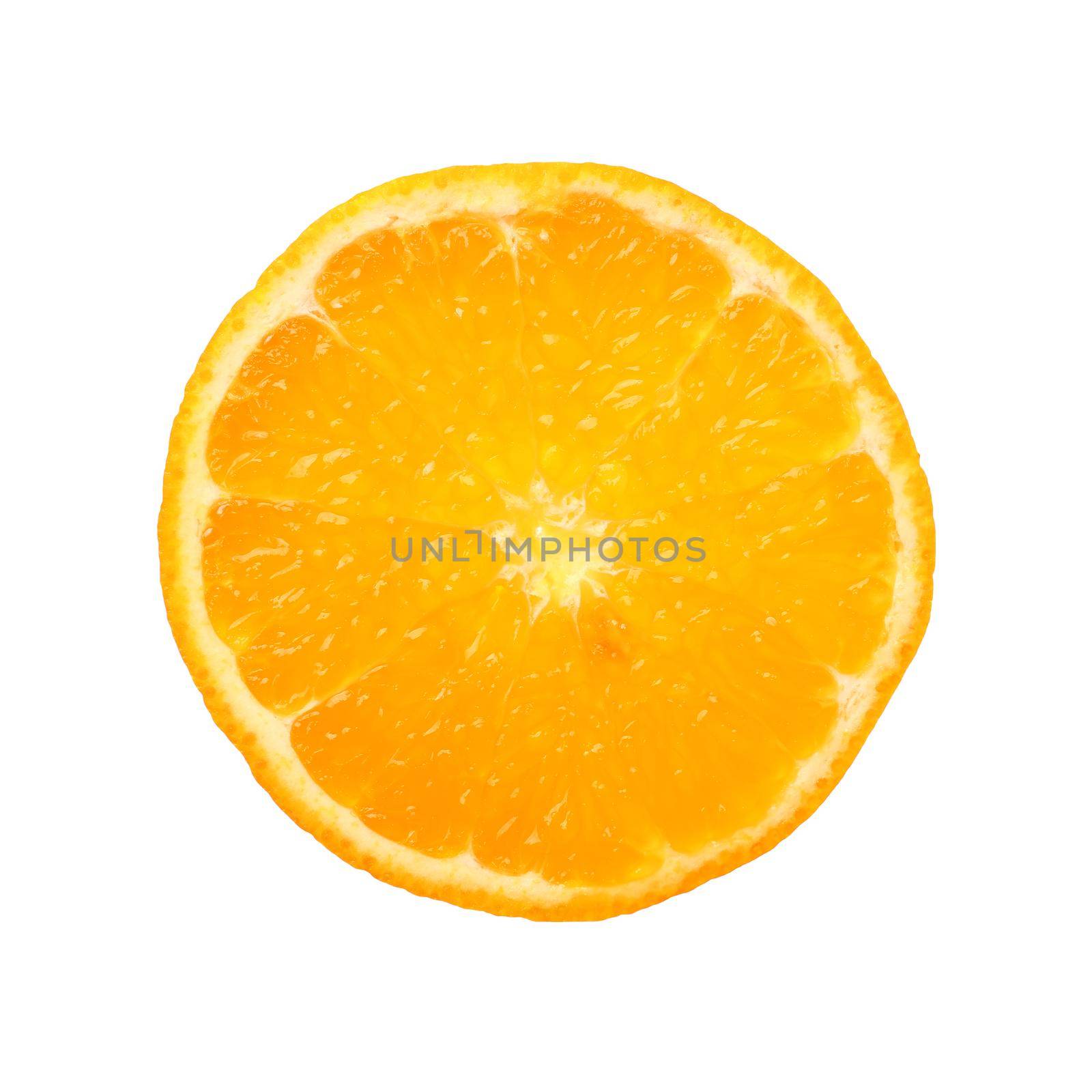 Close up round cut slice of orange over white by BreakingTheWalls