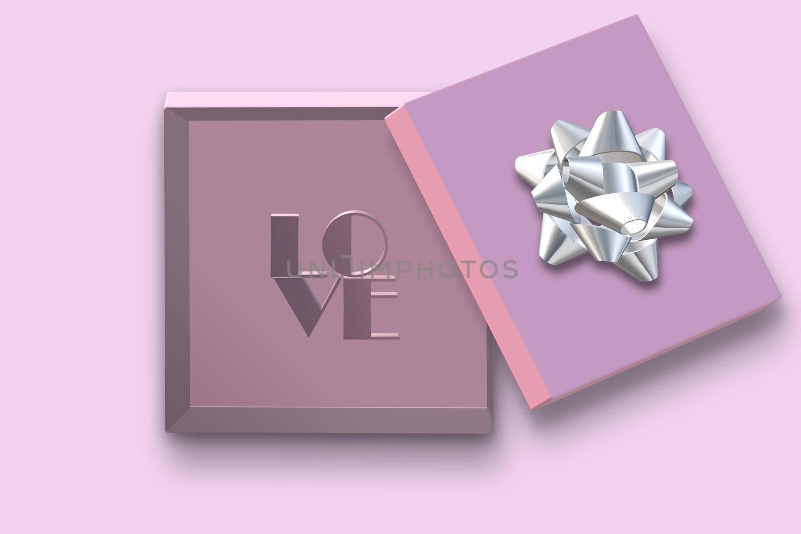 Open gift box. Pink open box, text love on pink background. Valentines, love design Sale, surprise, gift, birthday, wedding, Valentines, loves template. Mock up, Flat lay, top view 3D render