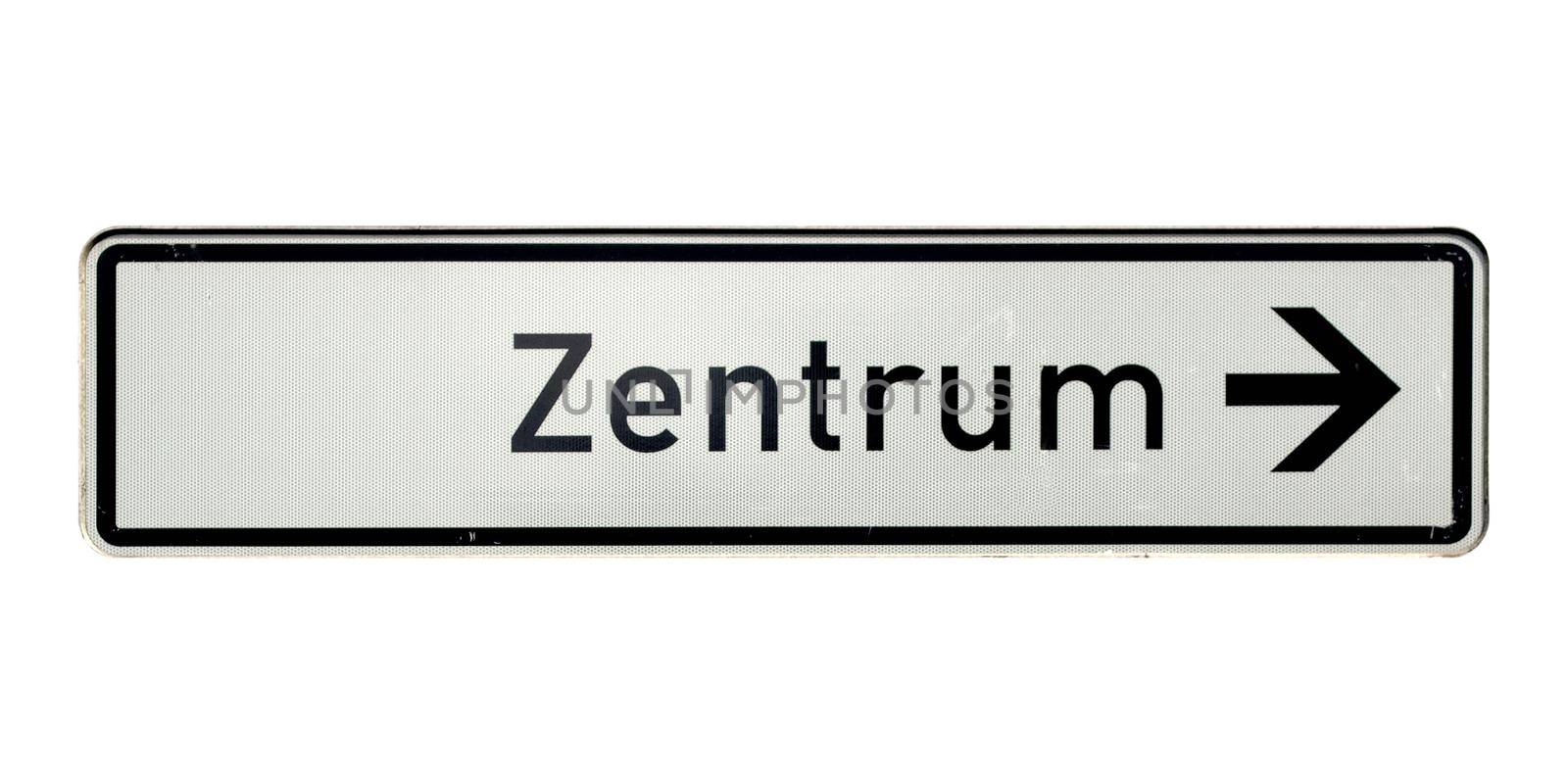 German traffic sign isolated over white background. Zentrum (translation: Centre)