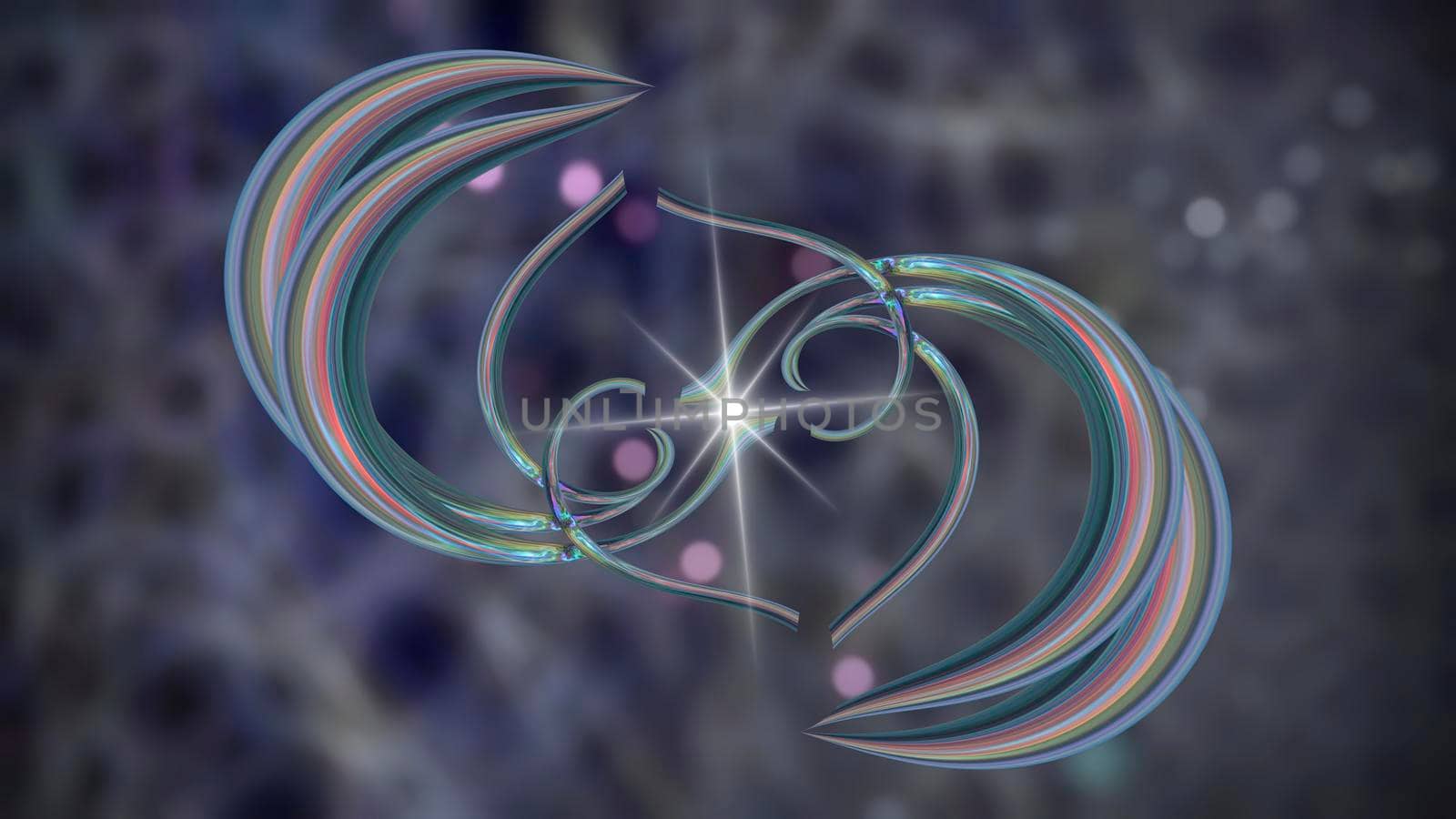 Abstract futuristic dark background. On a blurry background with sparks of stars, there is an elegant figure made of luminous material. 3d image