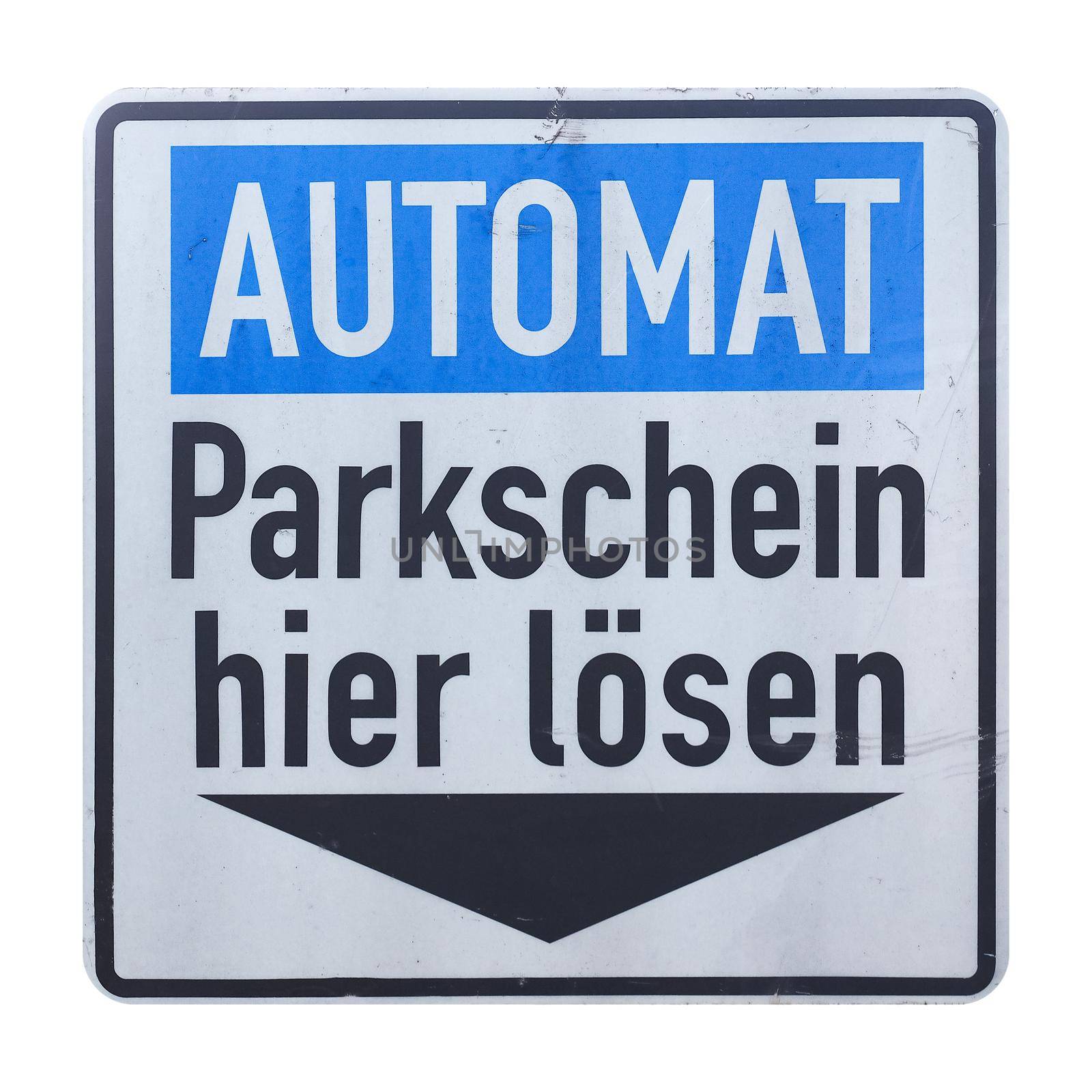 German traffic sign isolated over white background. Automat Parkschein hier loesen (translation: automatically pay the parking ticket here)