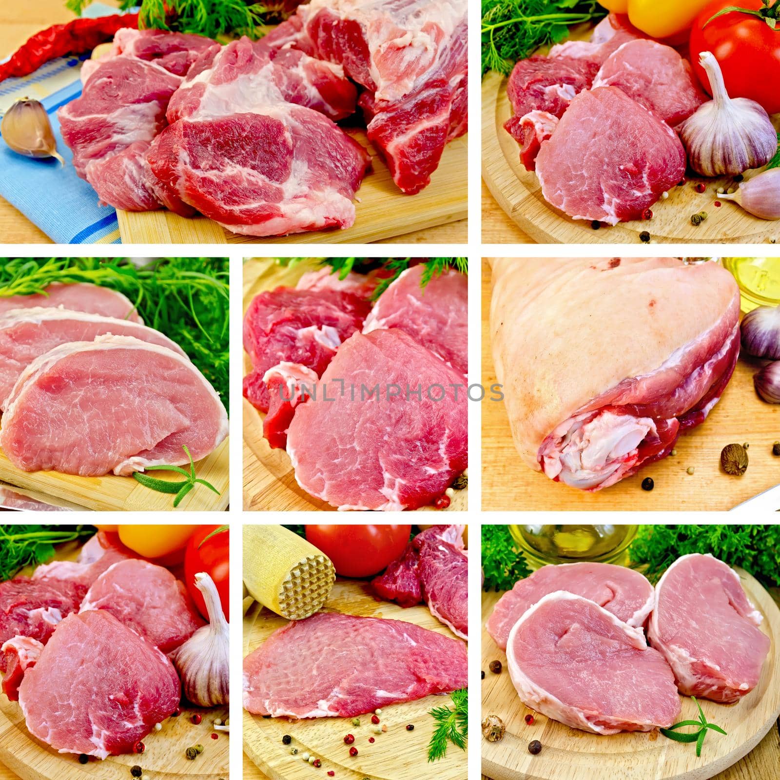 Collection of images of pork, knuckle, garlic, napkin, parsley, onions on a wooden boards background
