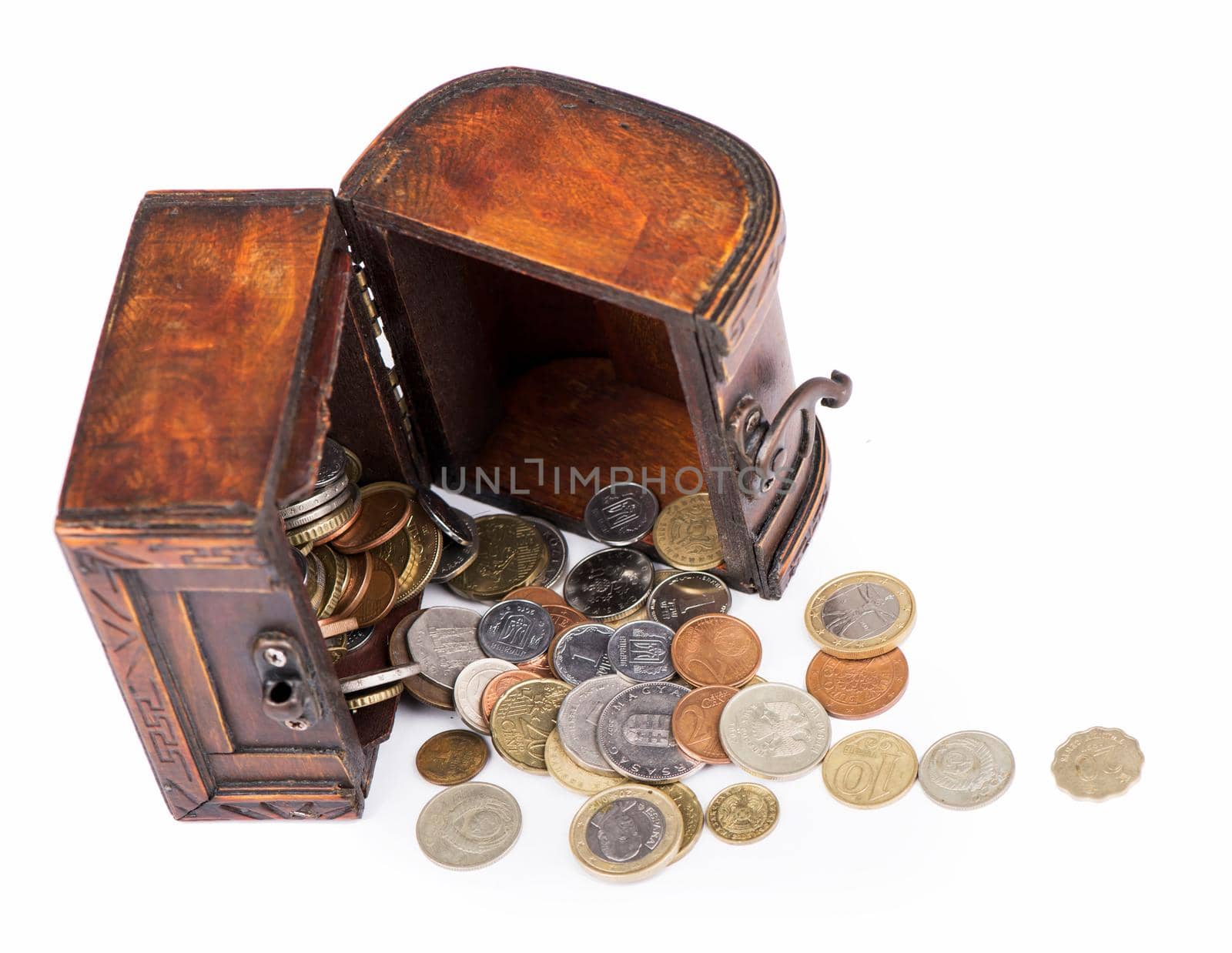 Wooden casket full of coins thai by aprilphoto