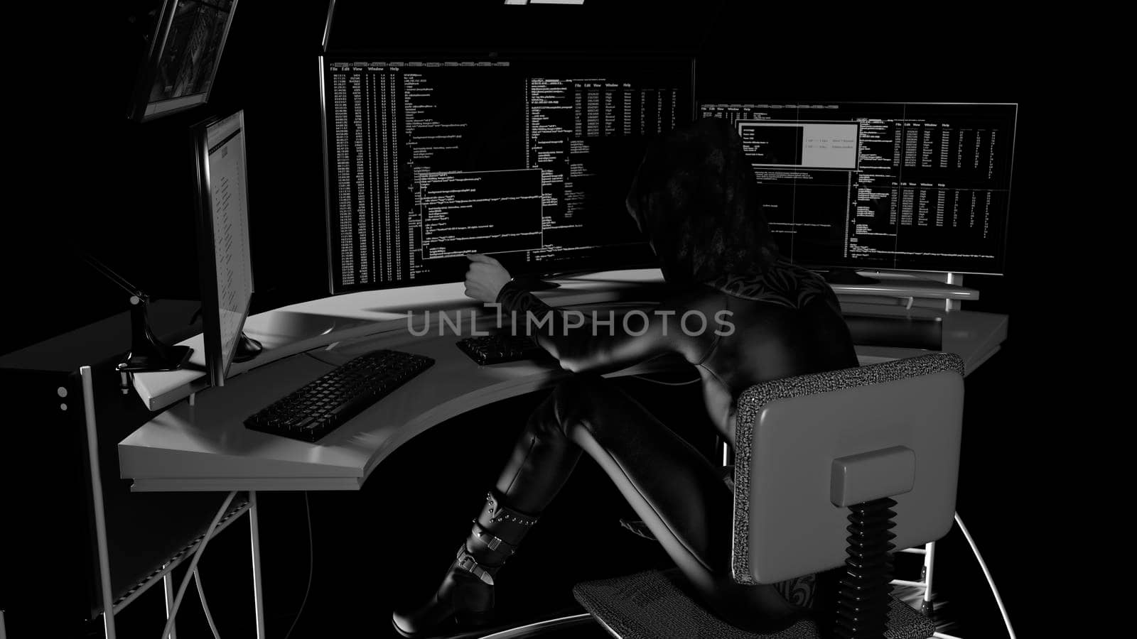 Side view of a female hacker stealing information from multiple computers by ankarb