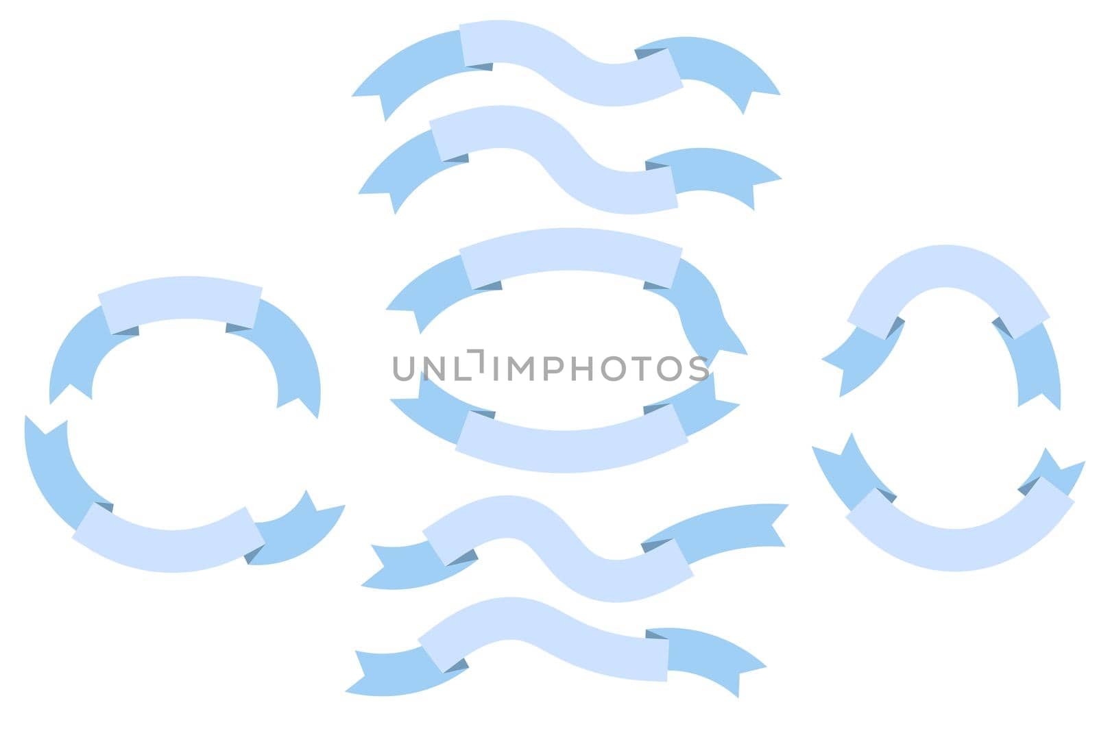 Set of blue silhouette flat ribbons isolated on white background. Ribbon banner vector illustration. Hand drawn lace