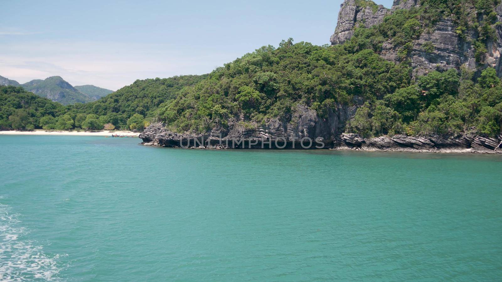 Group of Islands in ocean at Ang Thong National Marine Park near touristic Samui paradise tropical resort. Archipelago in the Gulf of Thailand. Idyllic turquoise sea natural background, copy space