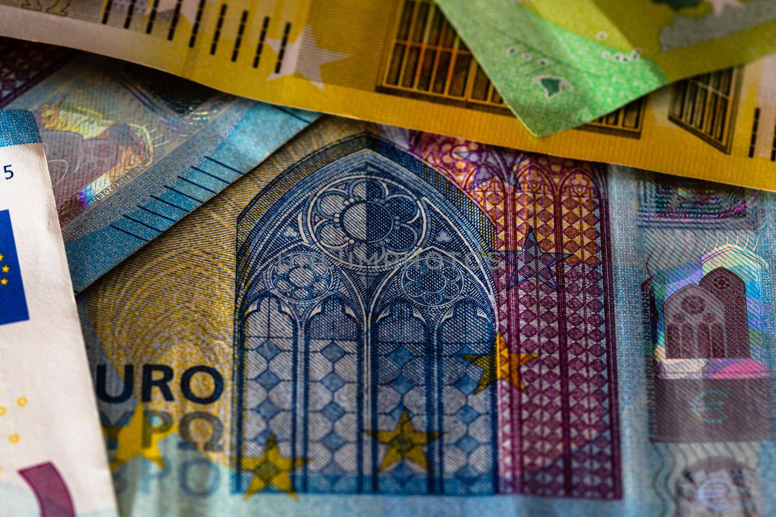 Close up of money euro banknotes, background of money euro isolated.