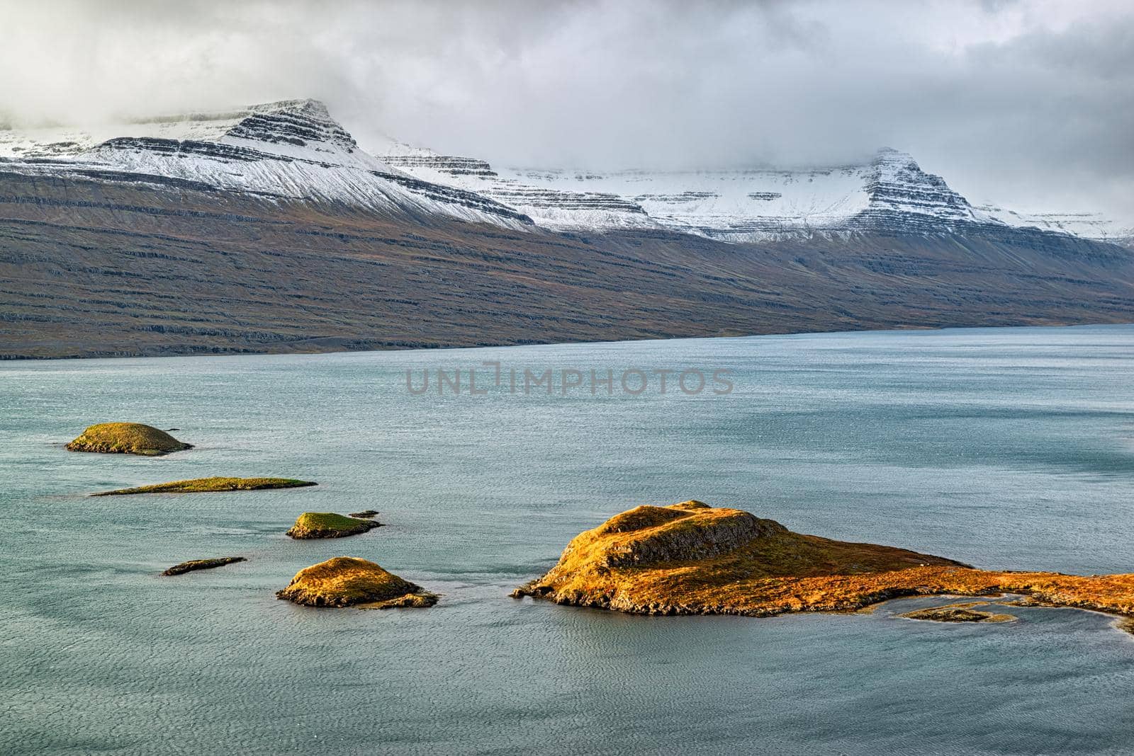 Eskifjordur on the east side of Iceland on a cloudy day