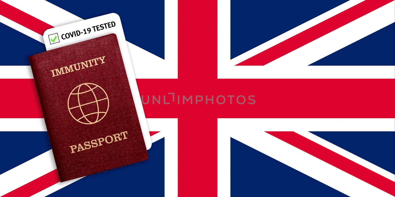 Immunity passport and test result for COVID-19 on flag of Great Britain. Certificate for people who have had coronavirus or made vaccine. Vaccination passport against covid-19 that allows you travel