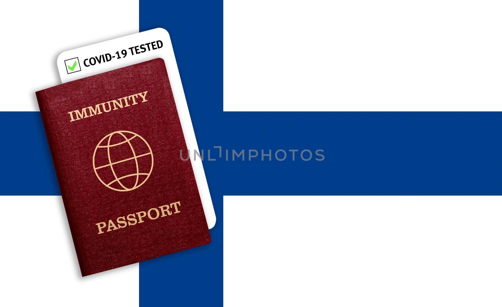 Immunity passport and test result for COVID-19 on flag of Finland. Certificate for people who have had coronavirus or made vaccine. Vaccination passport against covid-19 that allows you travel