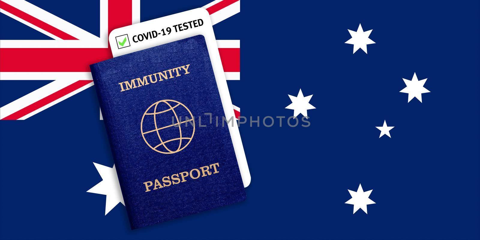 Immunity passport and test result for COVID-19 on flag of Australia. Certificate for people who have had coronavirus or made vaccine. Vaccination passport against covid-19 that allows you travel