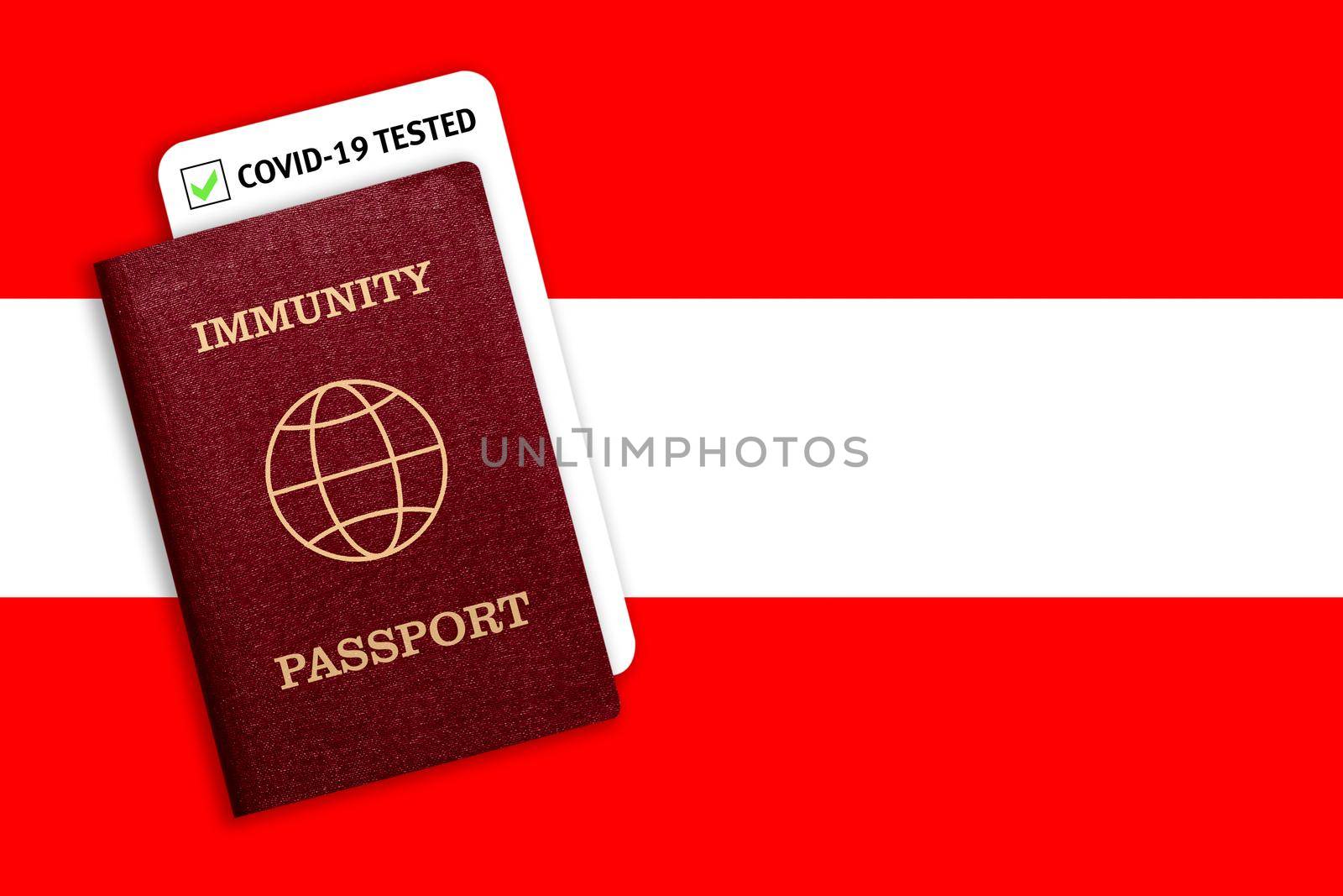 Immunity passport and test result for COVID-19 on flag of Austria. by galinasharapova