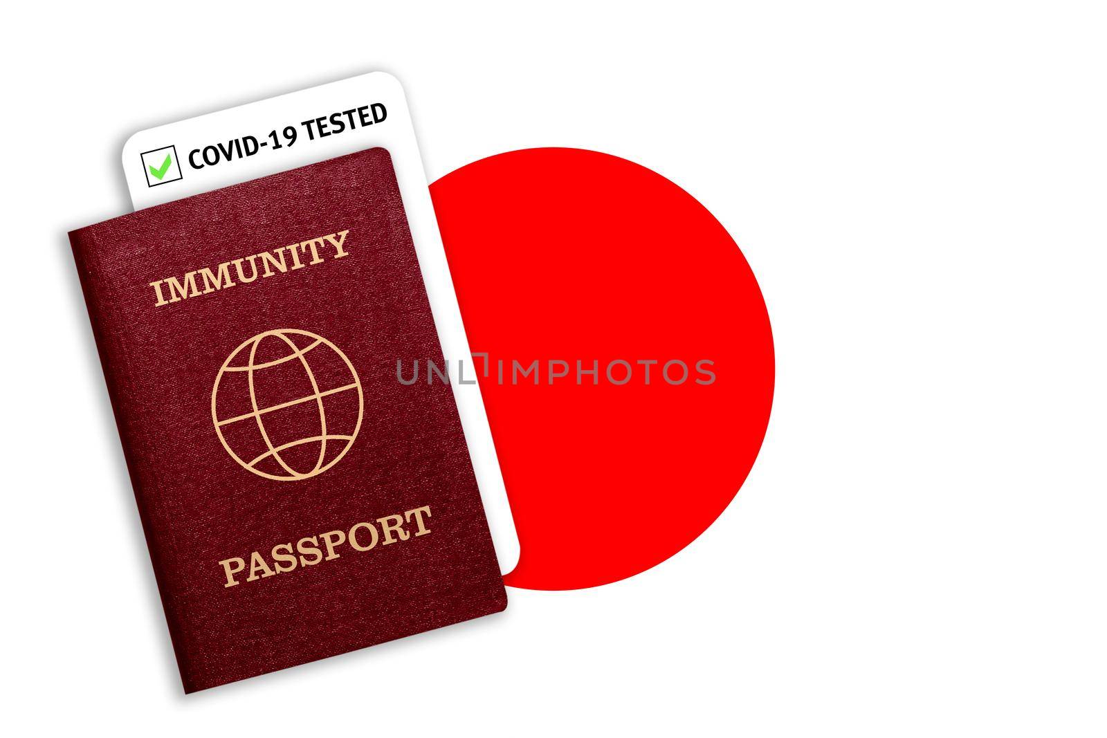 Immunity passport and test result for COVID-19 on flag of Japan. Certificate for people who have had coronavirus or made vaccine. Vaccination passport against covid-19 that allows you travel 
