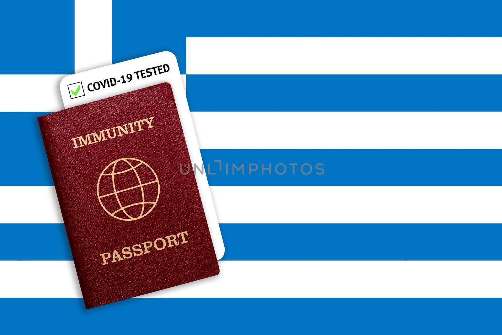Immunity passport and test result for COVID-19 on flag of Greece. Certificate for people who have had coronavirus or made vaccine. Vaccination passport against covid-19 that allows you travel