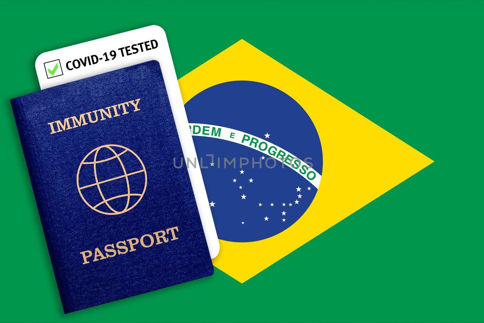 Immunity passport and test result for COVID-19 on flag of Brazil. by galinasharapova