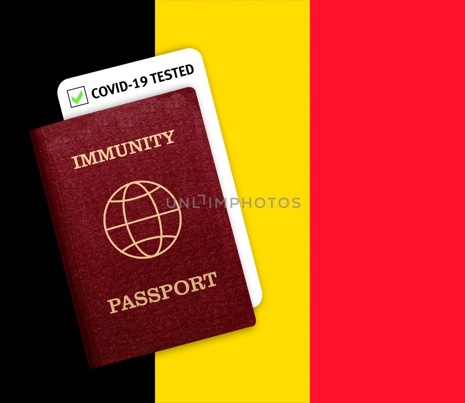Immunity passport and test result for COVID-19 on flag of Belgium. Certificate for people who have had coronavirus or made vaccine. Vaccination passport against covid-19 that allows you travel 