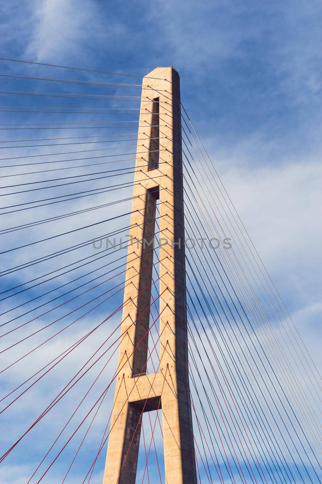 Details of the Russian bridge against the blue sky. Vladivostok, Russia.