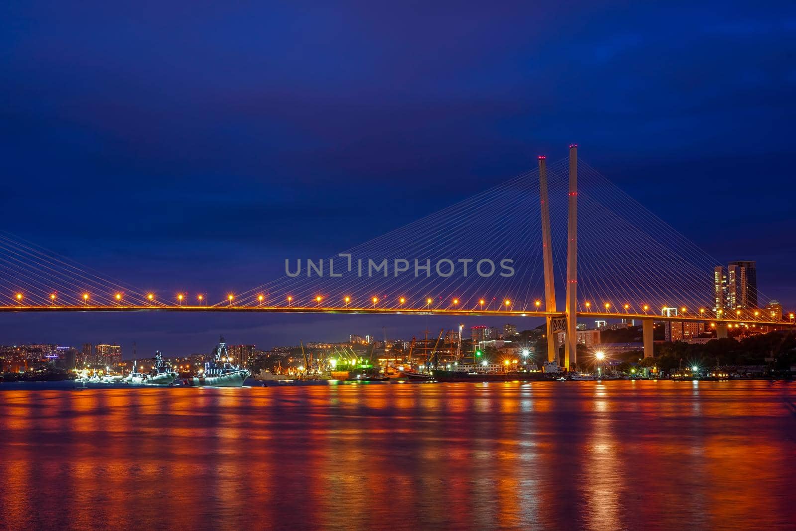 Vladivostok, Russia. Urban landscape with views of the Golden bridge and ships.