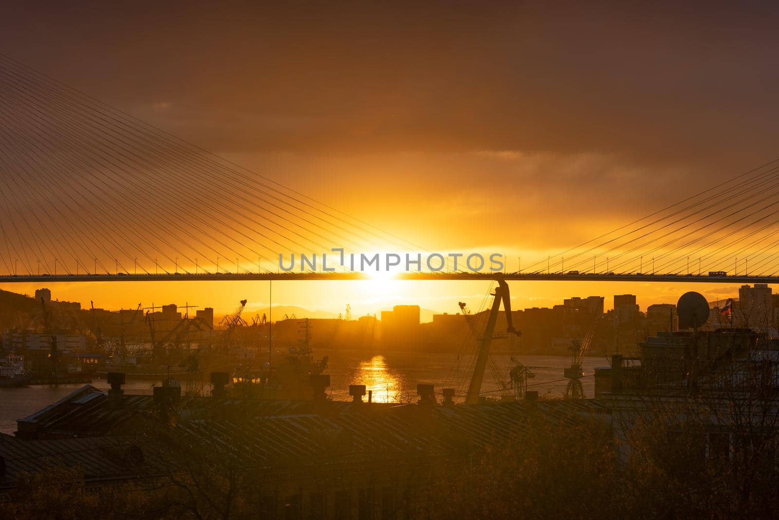 Vladivostok, Russia. The city skyline in the sunset light. Silhouettes of the port and the Golden bridge