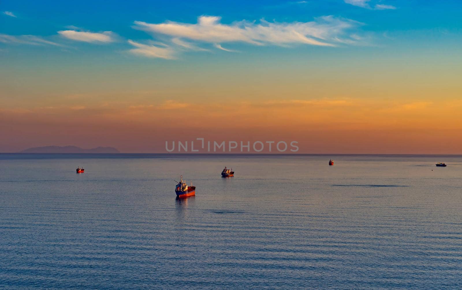 Seascape with tanker and ships on the background of the sea and coastline. Vladivostok, Russia