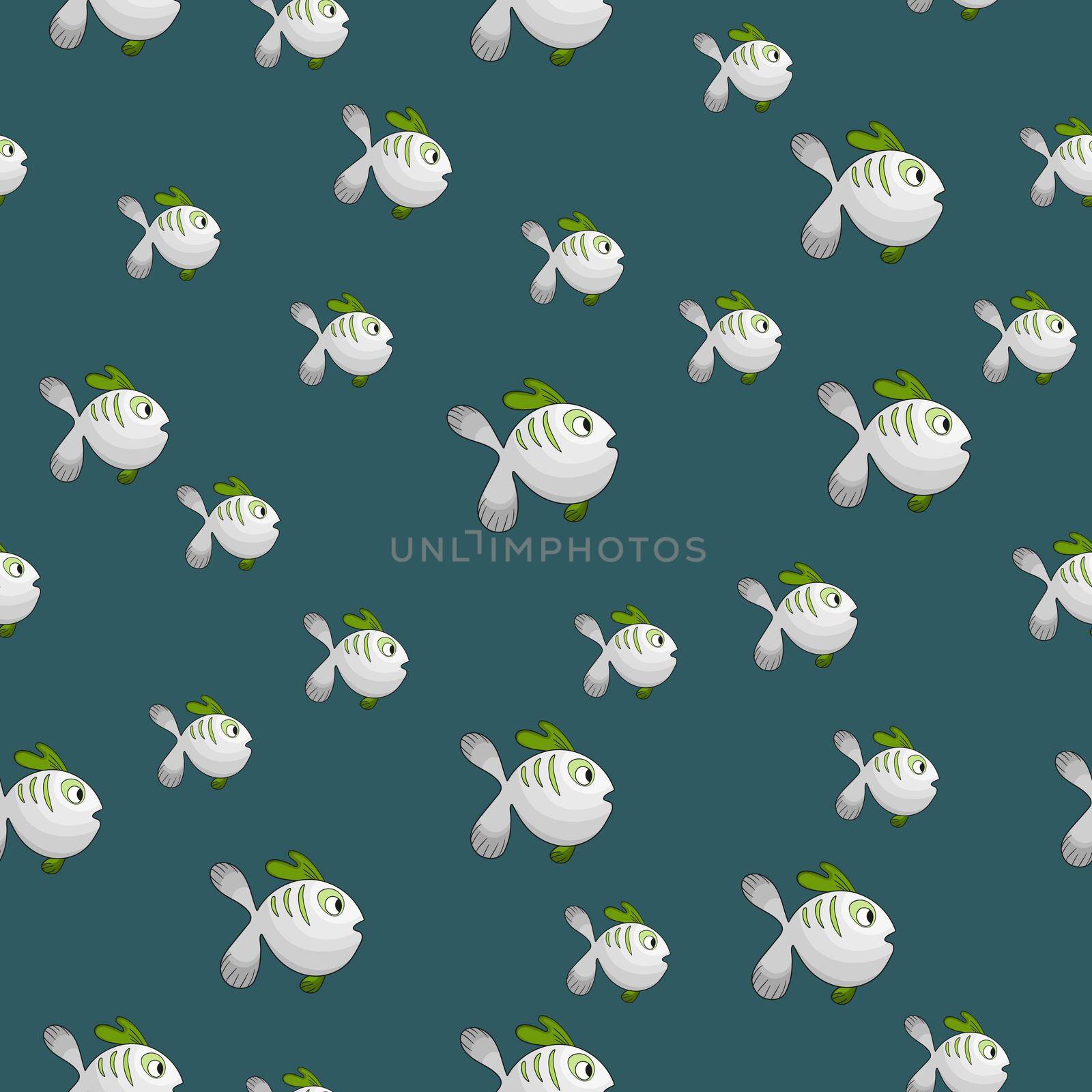 Seamless pattern with cute fish on green background. Vector cartoon animals colorful illustration. Adorable character for cards, wallpaper, textile, fabric. Flat style