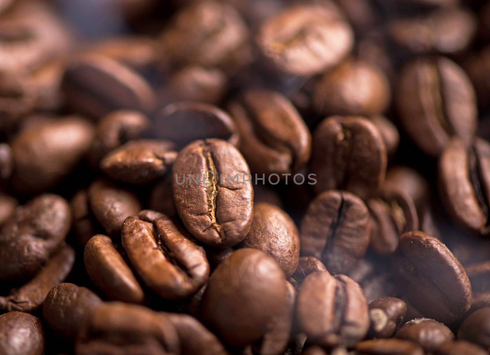 fried bright with smoky grains, coffee beans background by aprilphoto