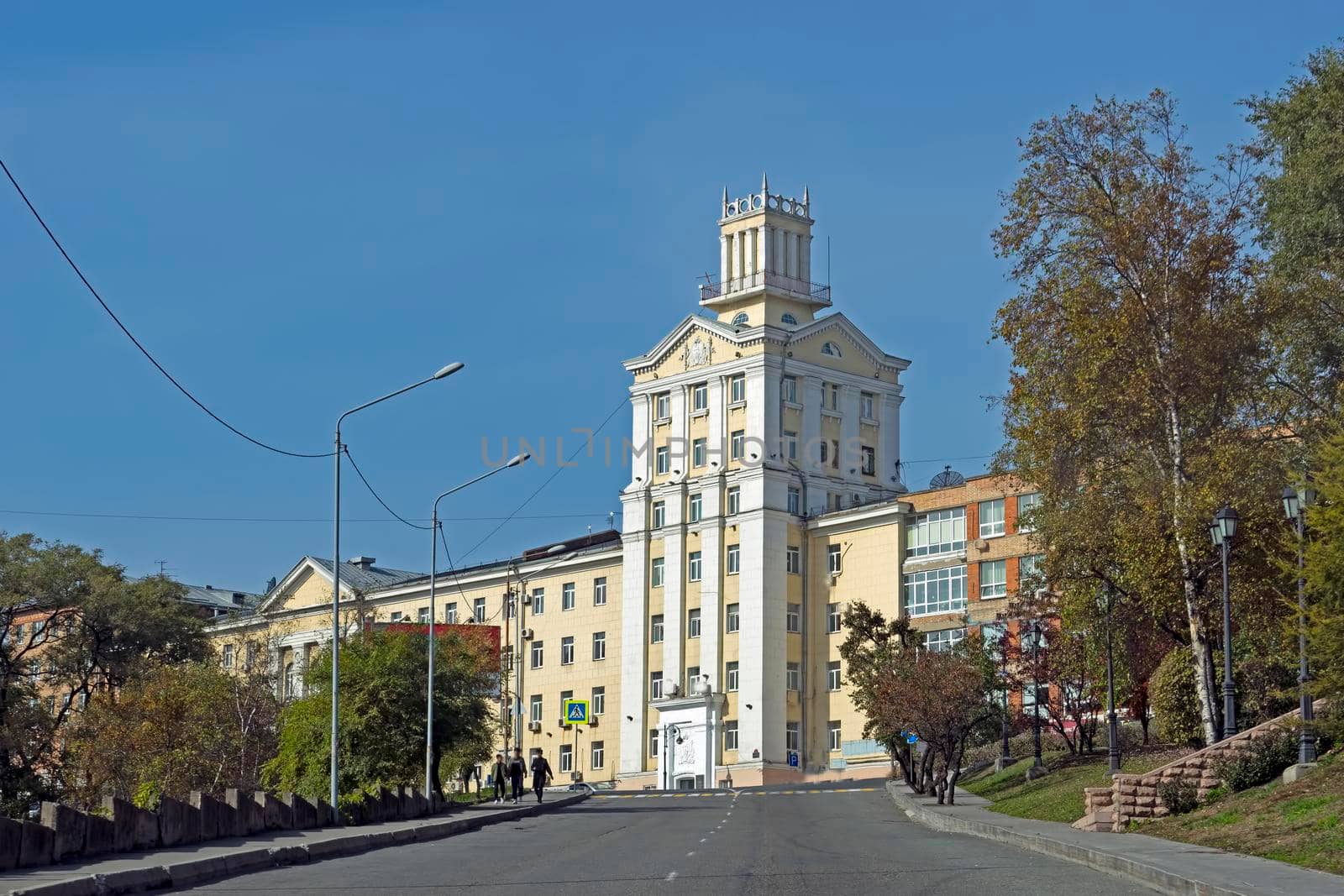 Vladivostok, Russia. urban landscape with beautiful buildings on a hill.