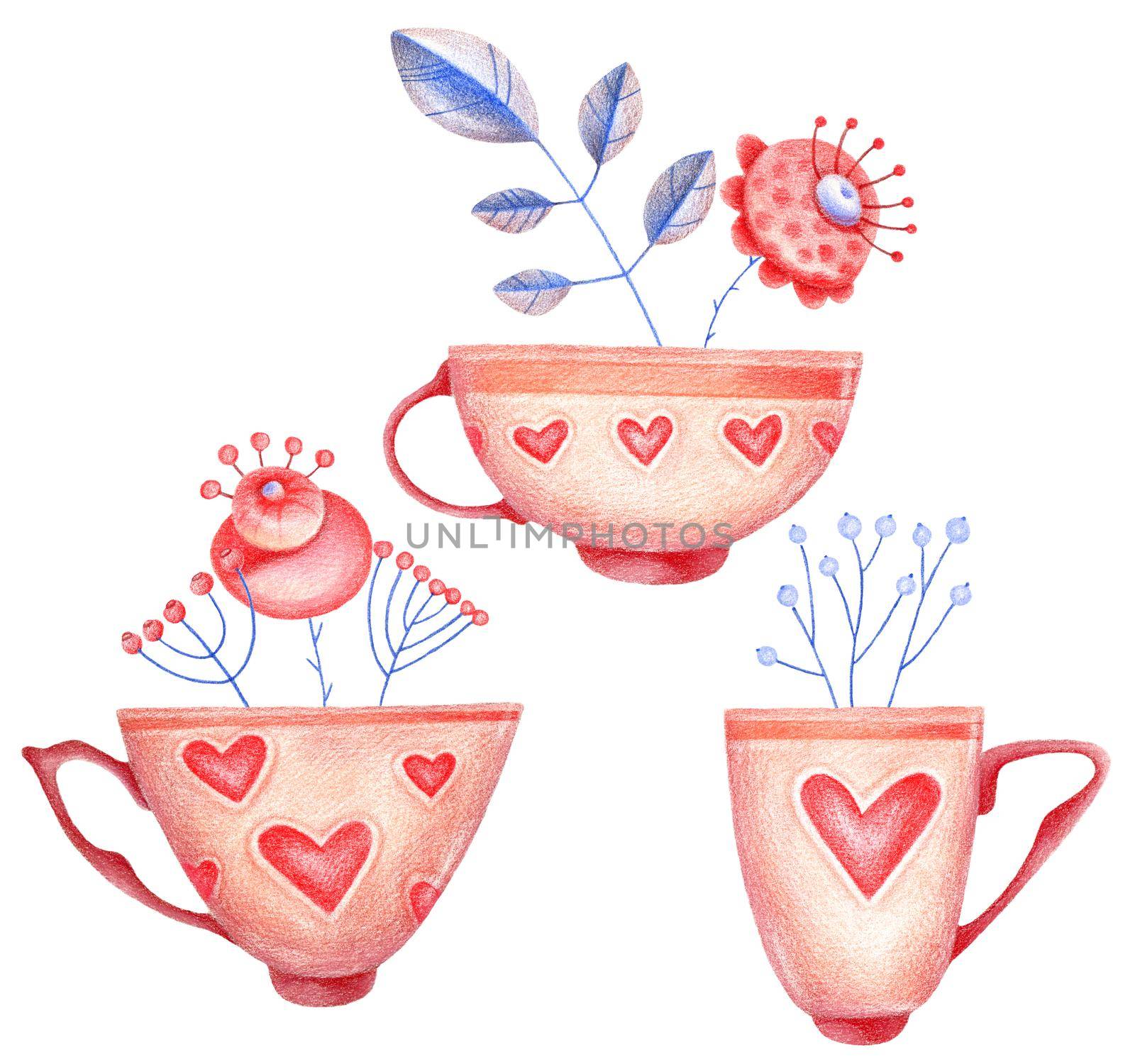 Set of cute illustrations - coffee cup with nice boquet of flowers, hearts, leaves, berries. Drawings in original style by colored pencils.