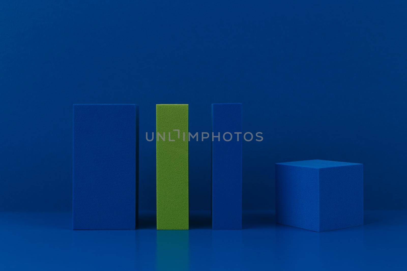 Abstract duotone background template with blue and green geometric figures against dark blue background. Concept of minimalism and futurism