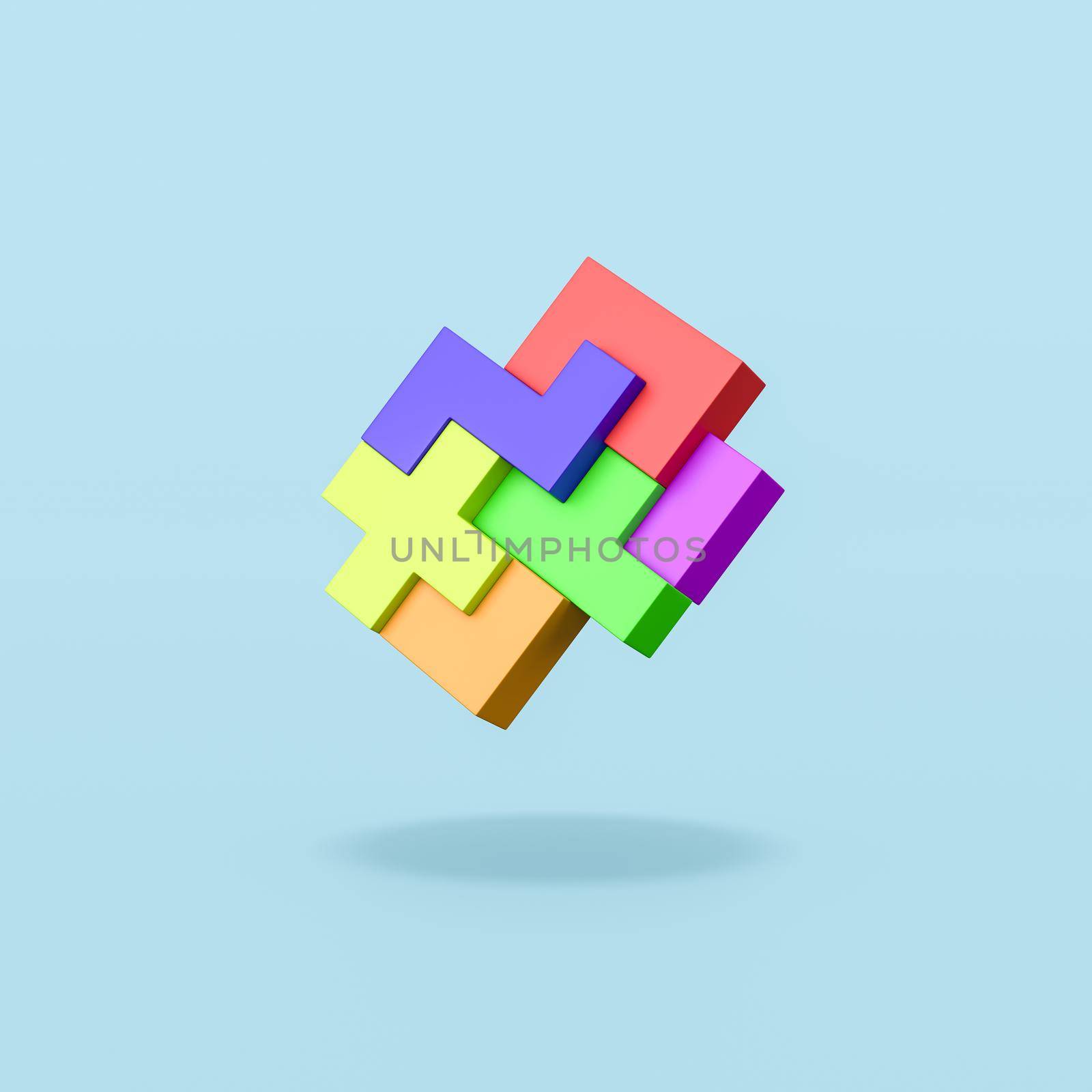 Colorful Blocks Combined on Flat Blue Background with Shadow 3D Illustration