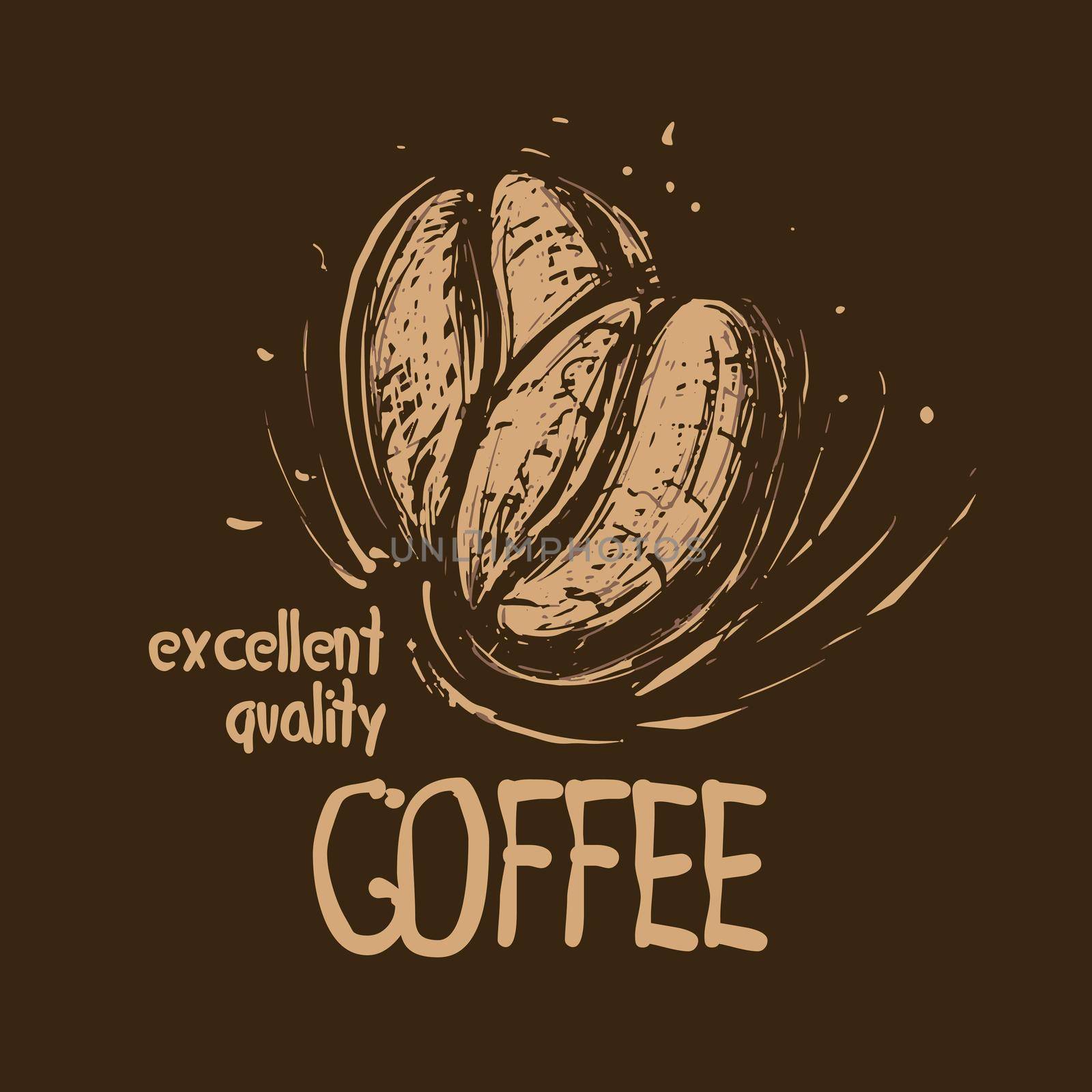 Vector logo with coffee beans drawn on a dark background.