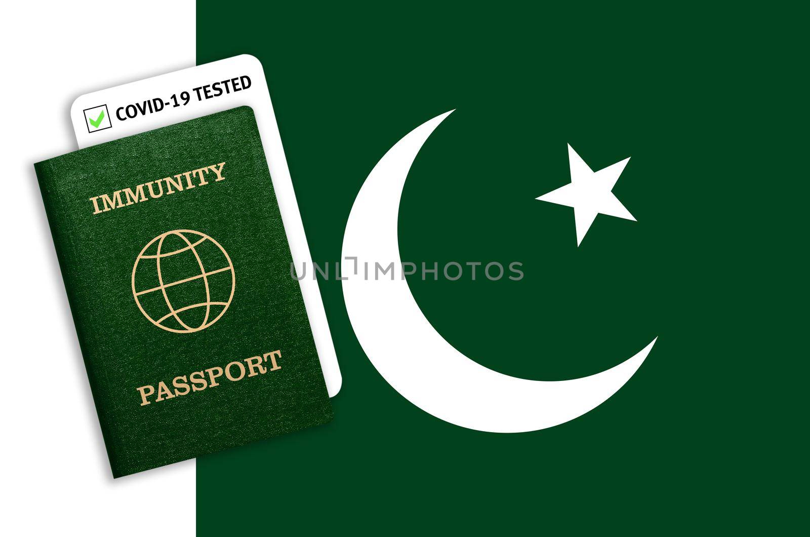 Immunity passport and test result for COVID-19 on flag of Pakistan. Certificate for people who have had coronavirus or made vaccine. Vaccination passport against covid-19 that allows you travel