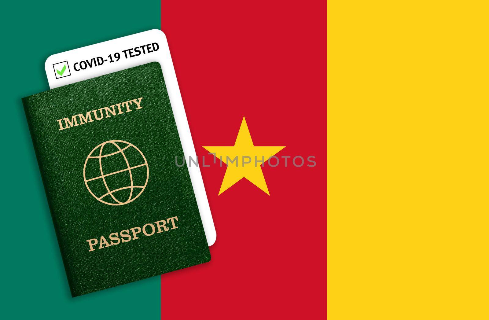 Immunity passport and test result for COVID-19 on flag of Cameroon. by galinasharapova