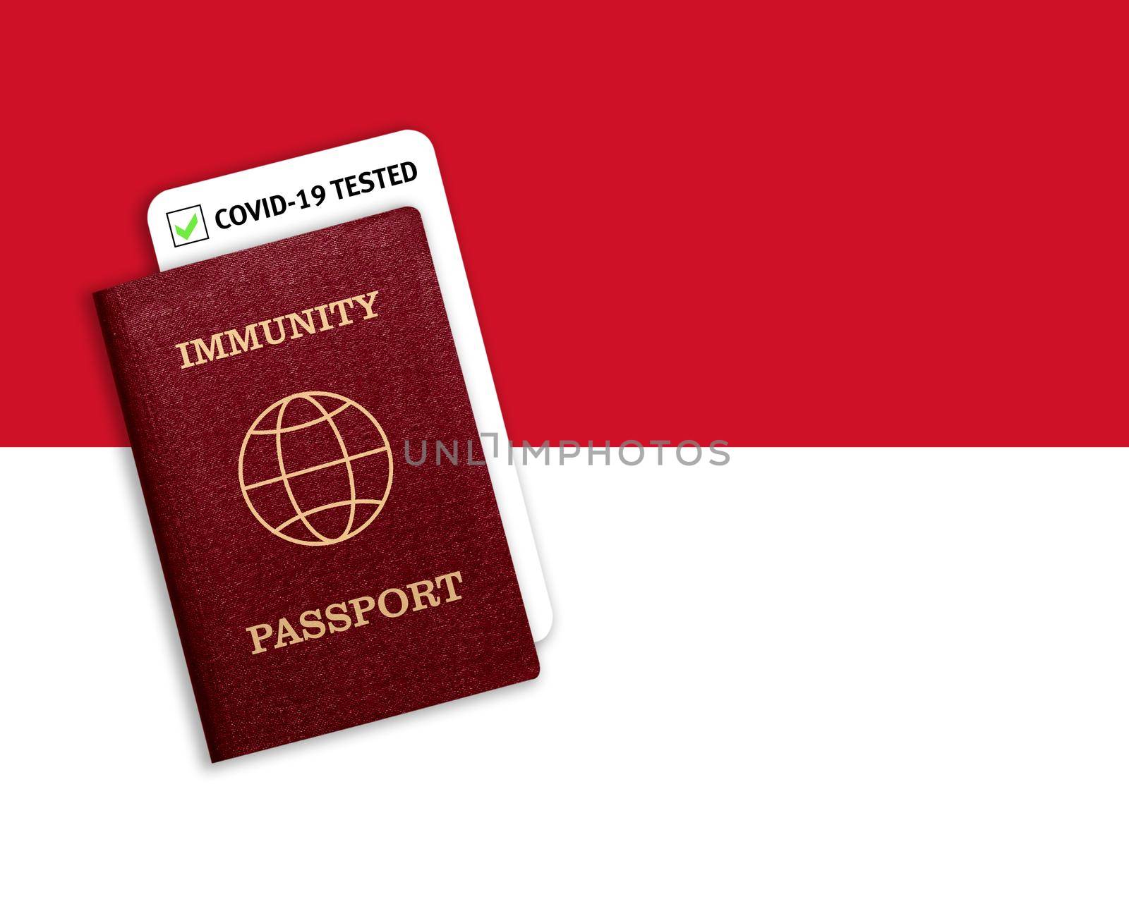 Immunity passport and test result for COVID-19 on flag of monaco. by galinasharapova
