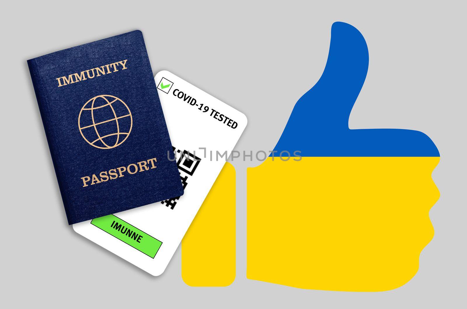 Immune passport and coronavirus test with thumb up with flag of Ukraine. Concept of immunity to COVID-19. Certificate for people who have had coronavirus or made vaccine.