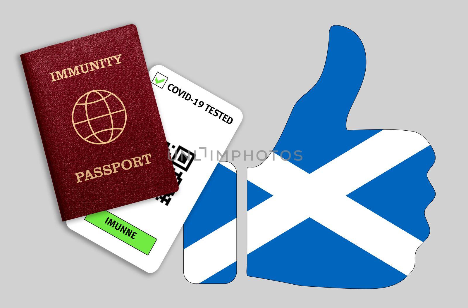Immune passport and coronavirus test with thumb up with flag of Scotland by galinasharapova