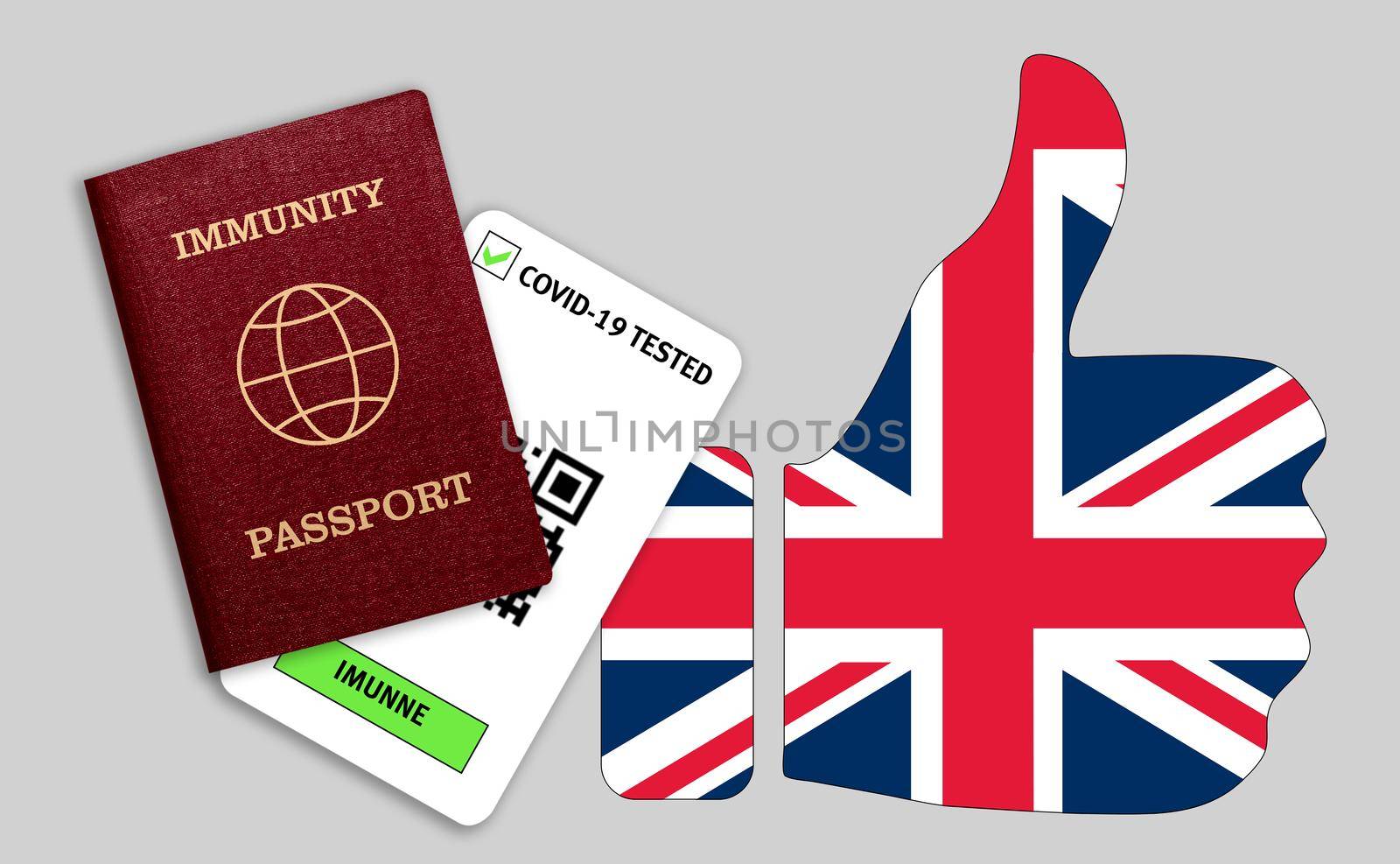 Immune passport and coronavirus test with thumb up with flag of United Kingdom. Concept of immunity to COVID-19. Certificate for people who have had coronavirus or made vaccine.