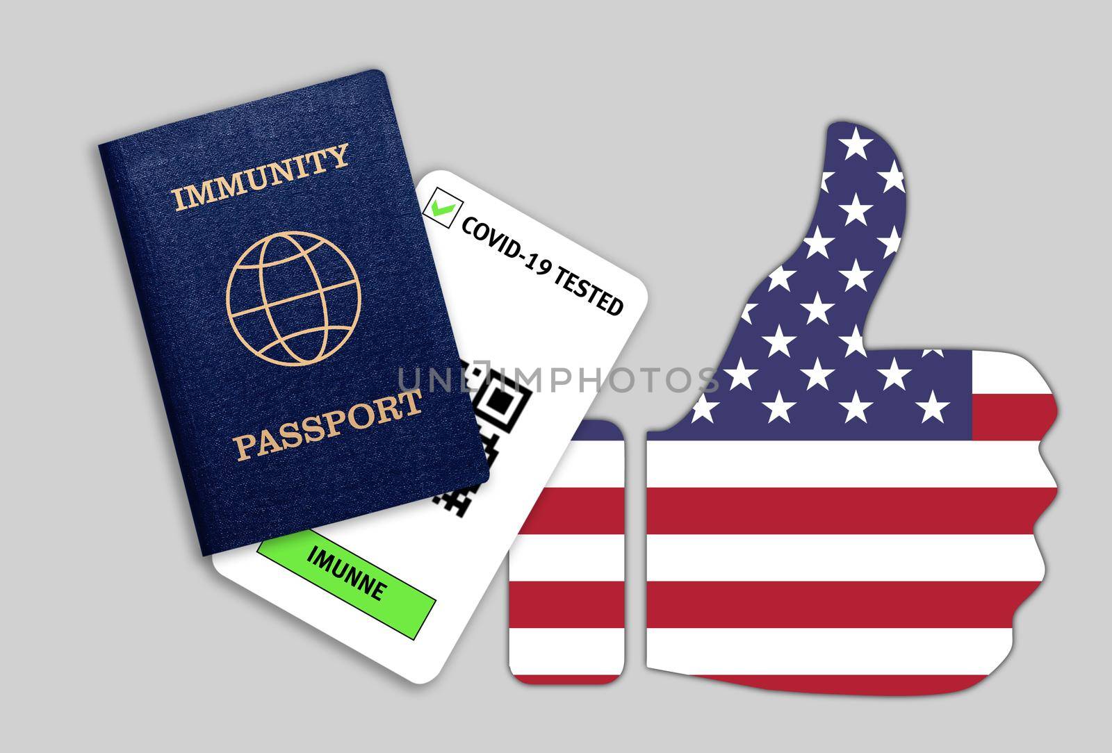 Immune passport and coronavirus test with thumb up with flag of USA by galinasharapova